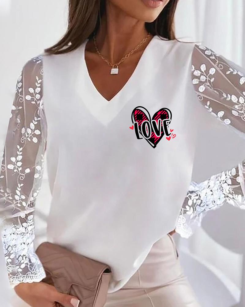 

Lace Long Sleeve Letter Heart Print Top, White
