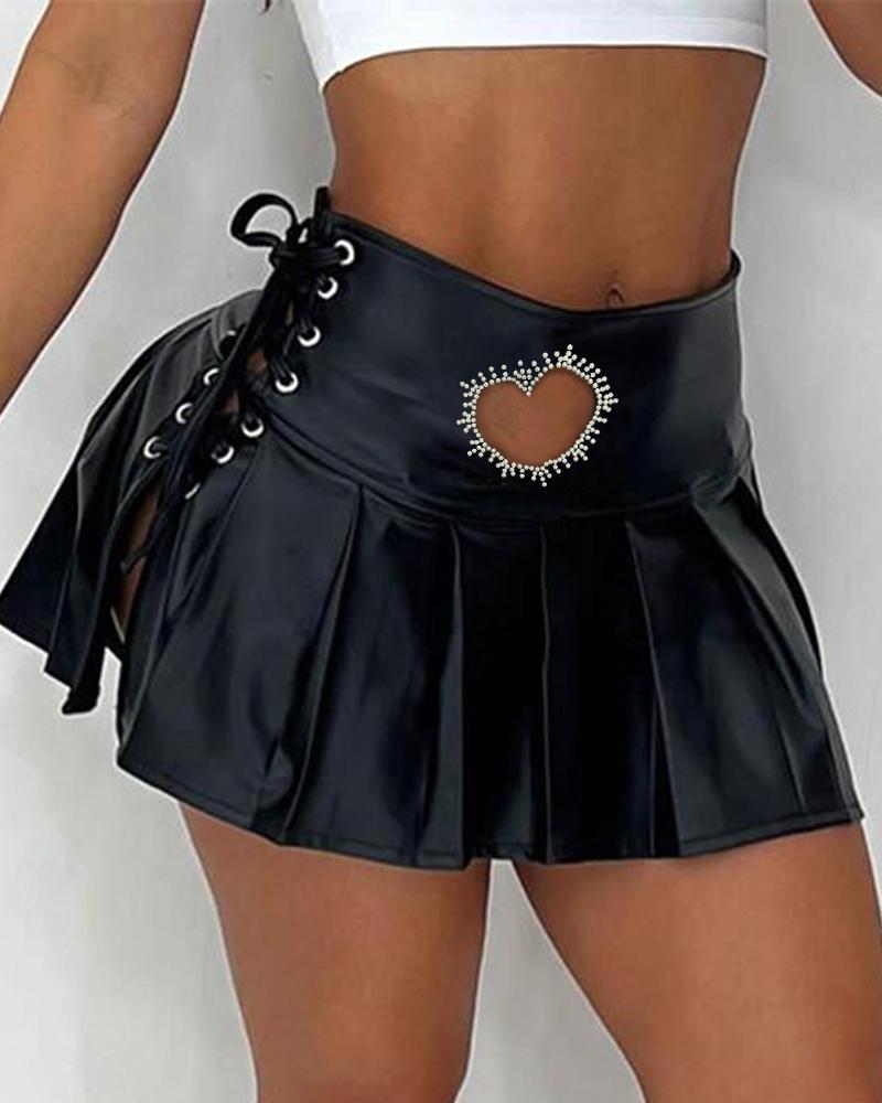 

PU Leather Grommet Eyelet Lace-up Pleated Skirt, Black