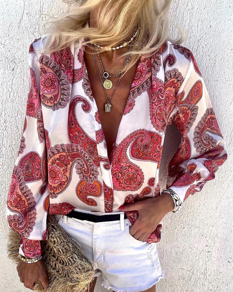 

Paisley Print Lantern Sleeve Casual Top, White