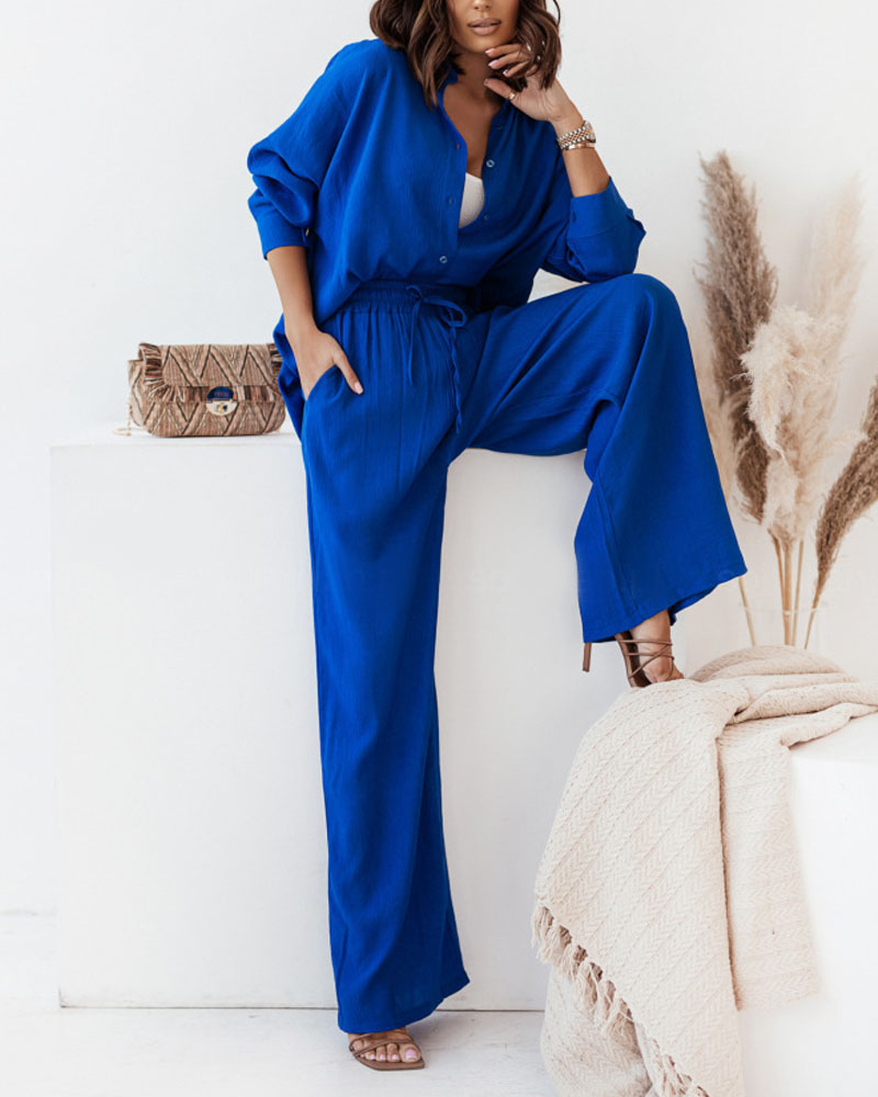 

Long Sleeve Button Down Shirt & High Waist Pants Set, Blue