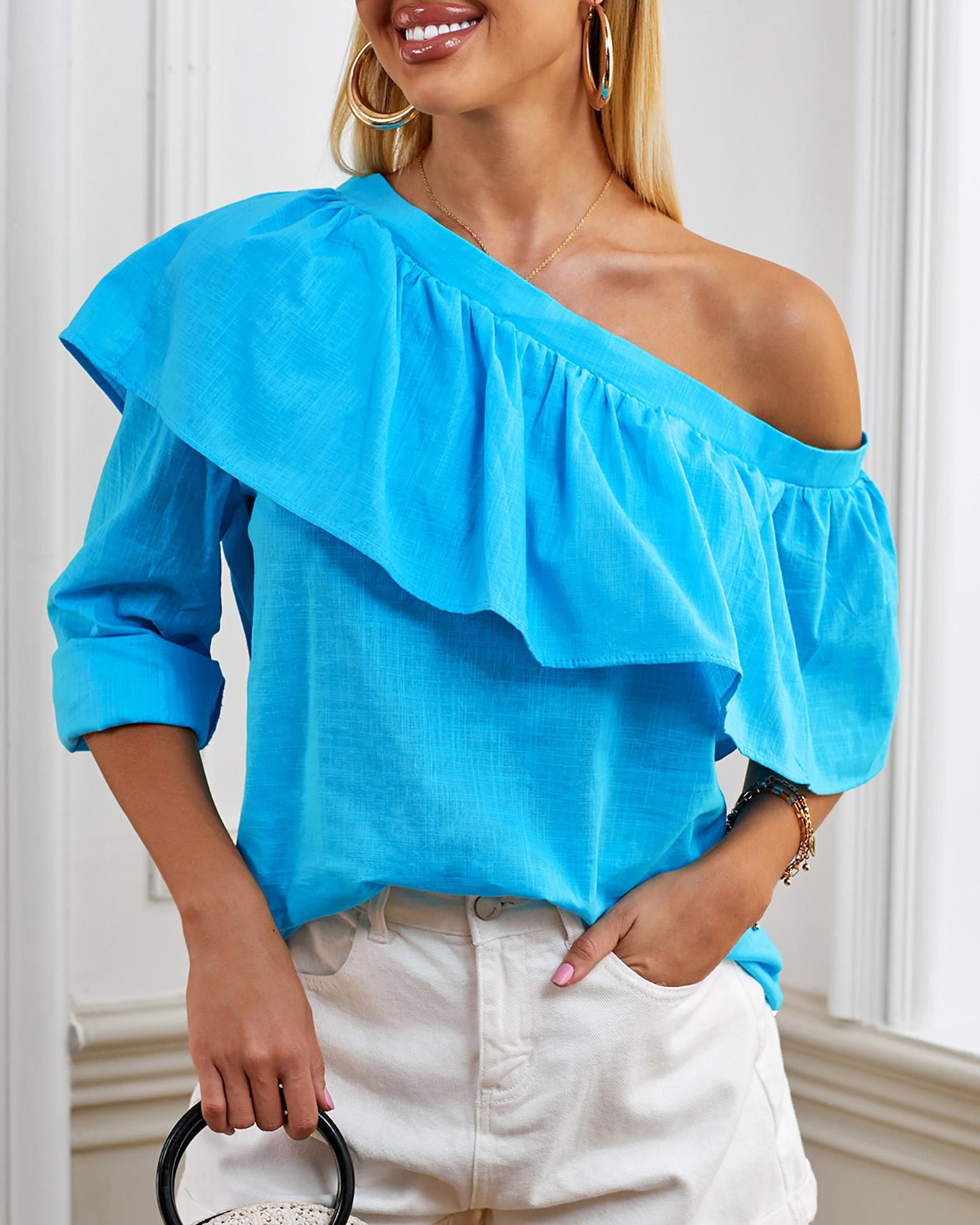 

One Shoulder Ruffles Casual Blouse, Blue