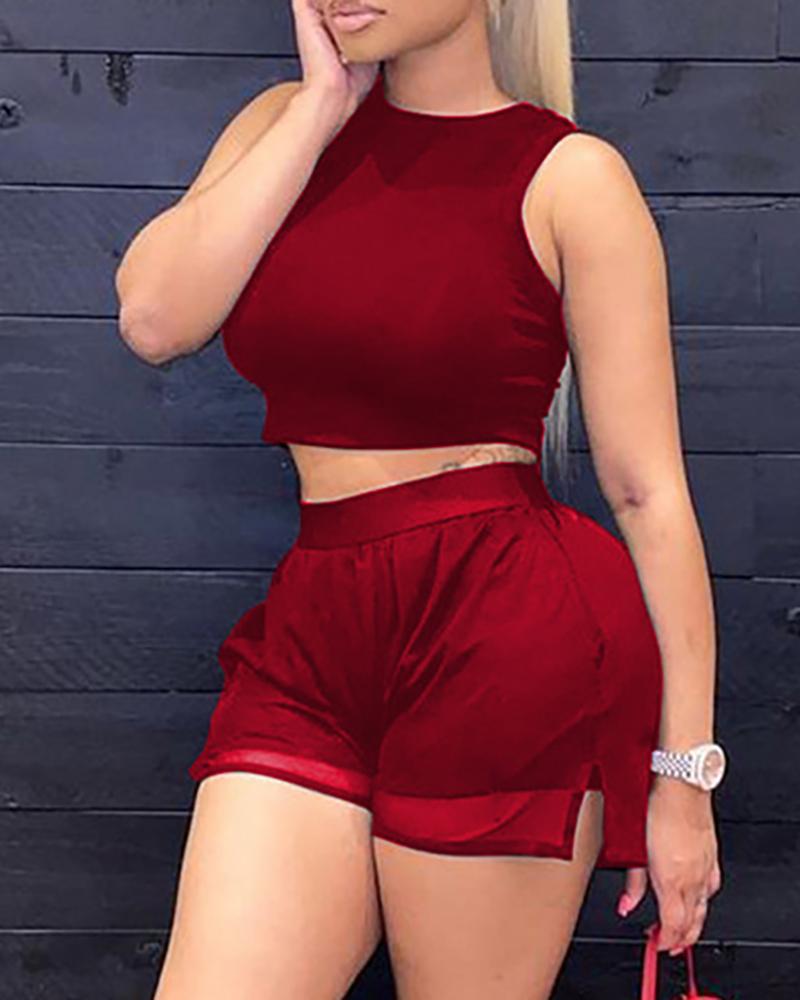 

Sleeveless Crop Top & Mesh Patch Slit Shorts Set, Wine red