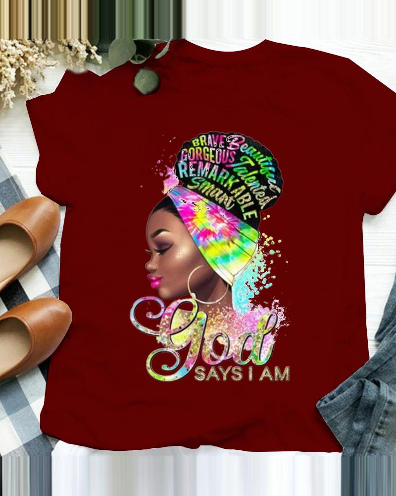

Figure Letter Print Casual T-shirt, Wine red