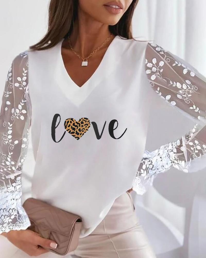

Letter Heart Print Crochet Lace Sleeve Top, White