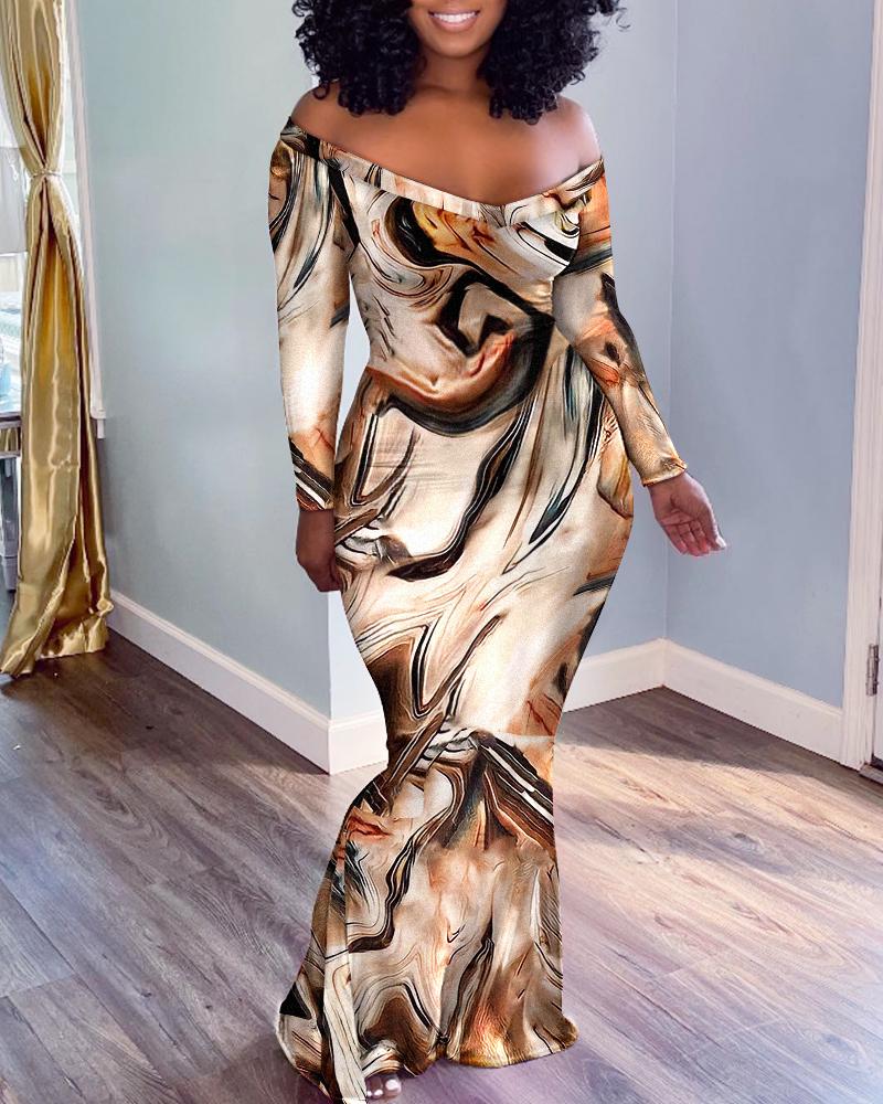

Marble Print Off Shoulder Mermaid Dress, Brown