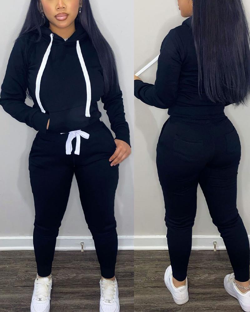 

Plus Size Long Sleeve Hoodie & Drawstring Pants Set, Black