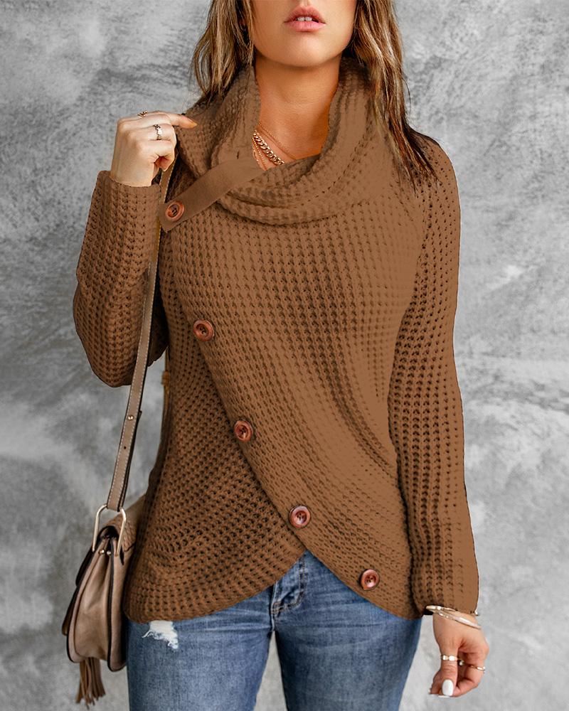 

Strap Decor Mock Neck Buttoned Asymmetrical Sweater, Khaki