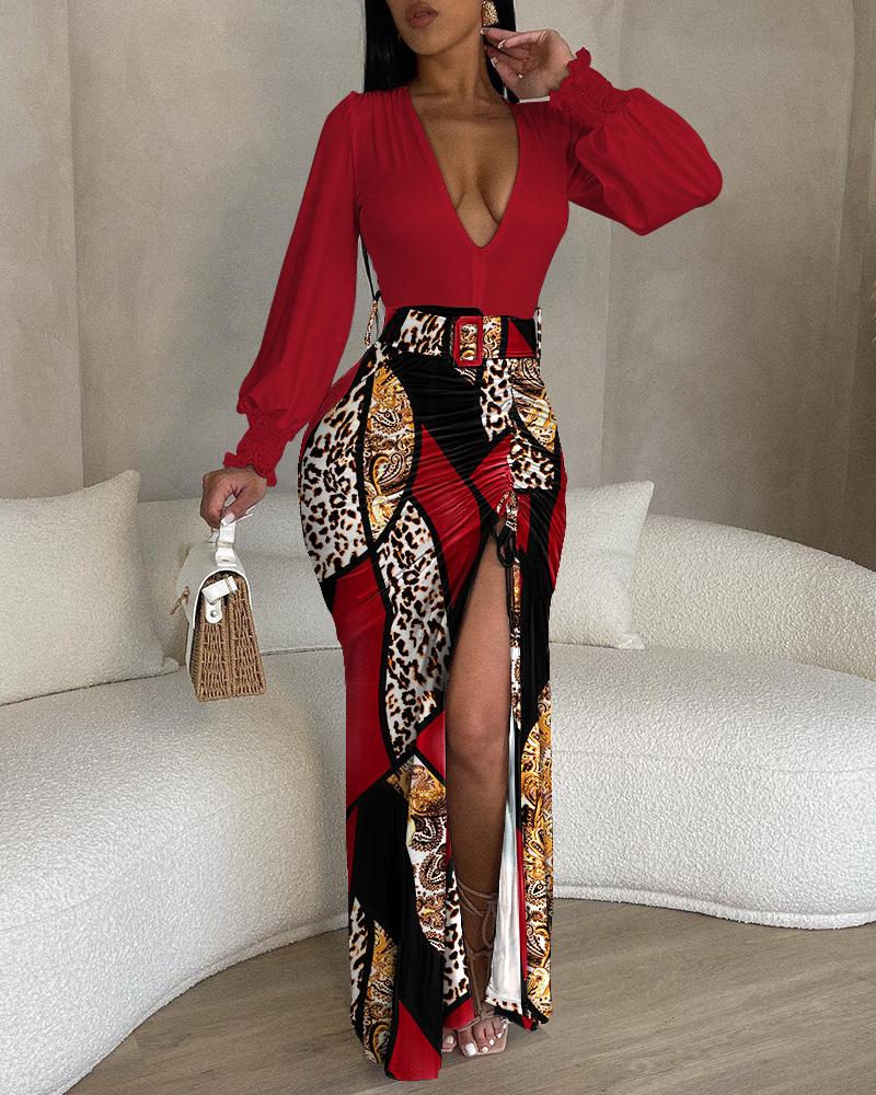 

Baroque Leopard Print Plunge High Slit Drawstring Maxi Dress, Red