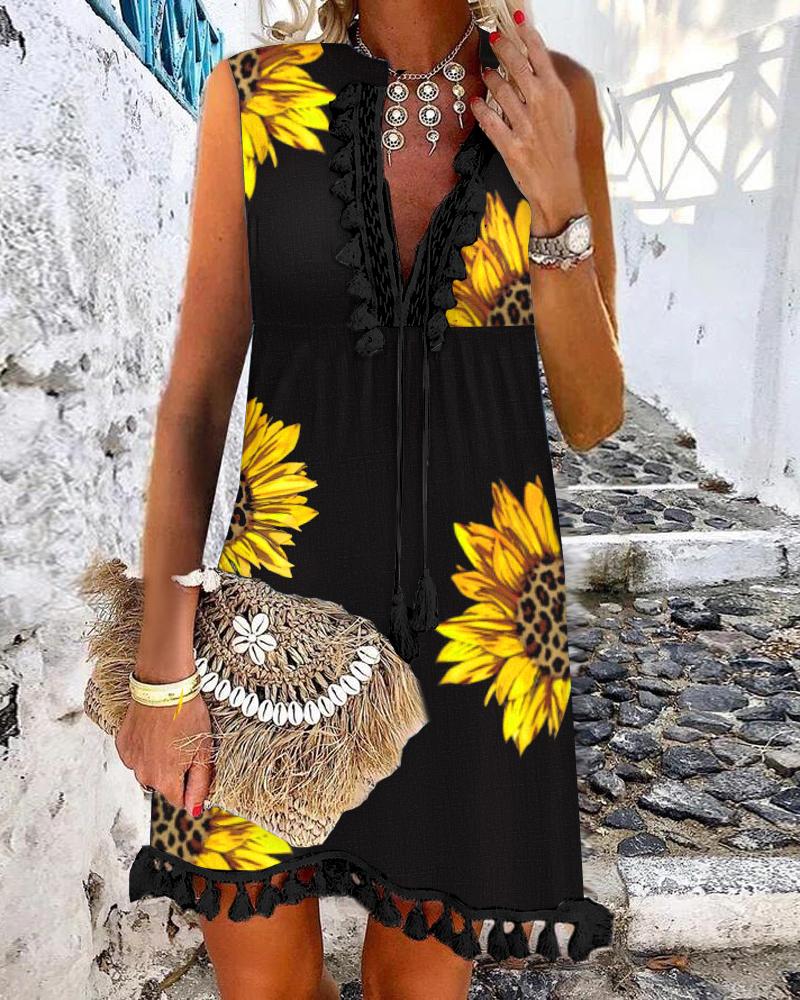 

Sunflower Print Tassel Decor Sleeveless Casual Dress, Black