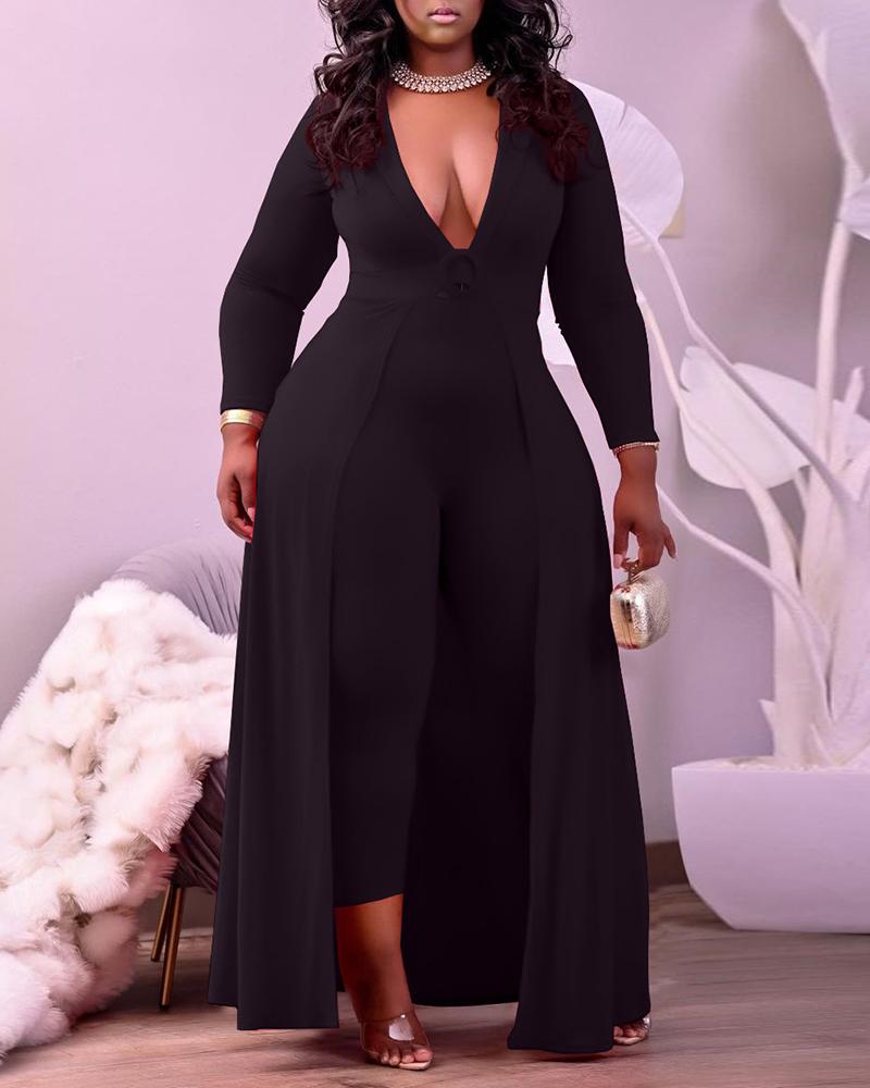 

Plus Size Long Sleeve Plunge Jumpsuit, Black