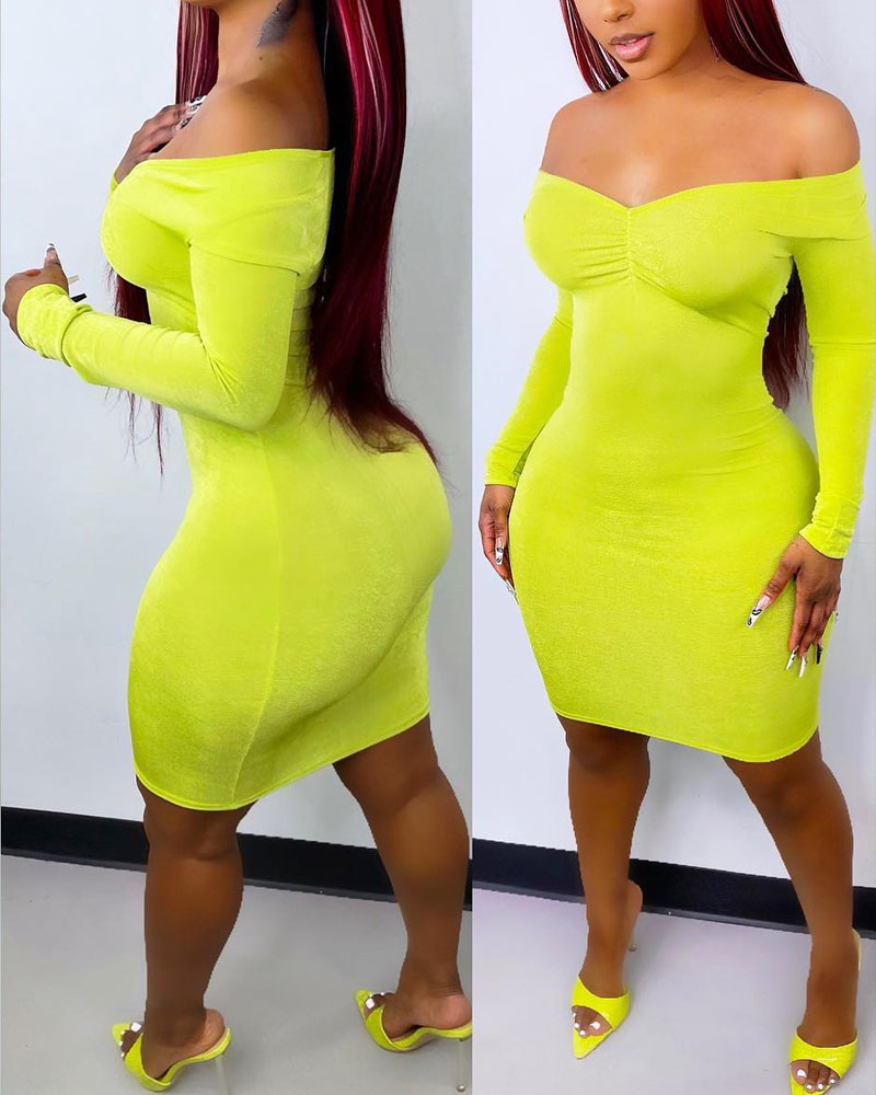 

Long Sleeve Ruched Bust Bodycon Dress, Green