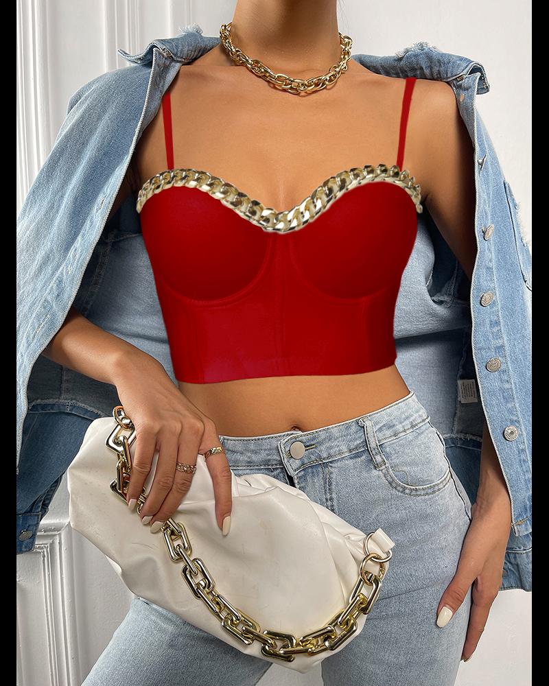 

Chain Decor Spaghetti Strap V-Neck Corset Top, Red