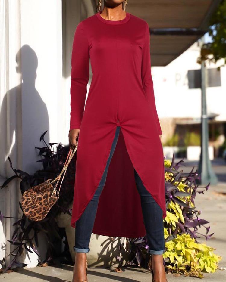 

Twist Slit Irregular Hem T-Shirt, Wine red