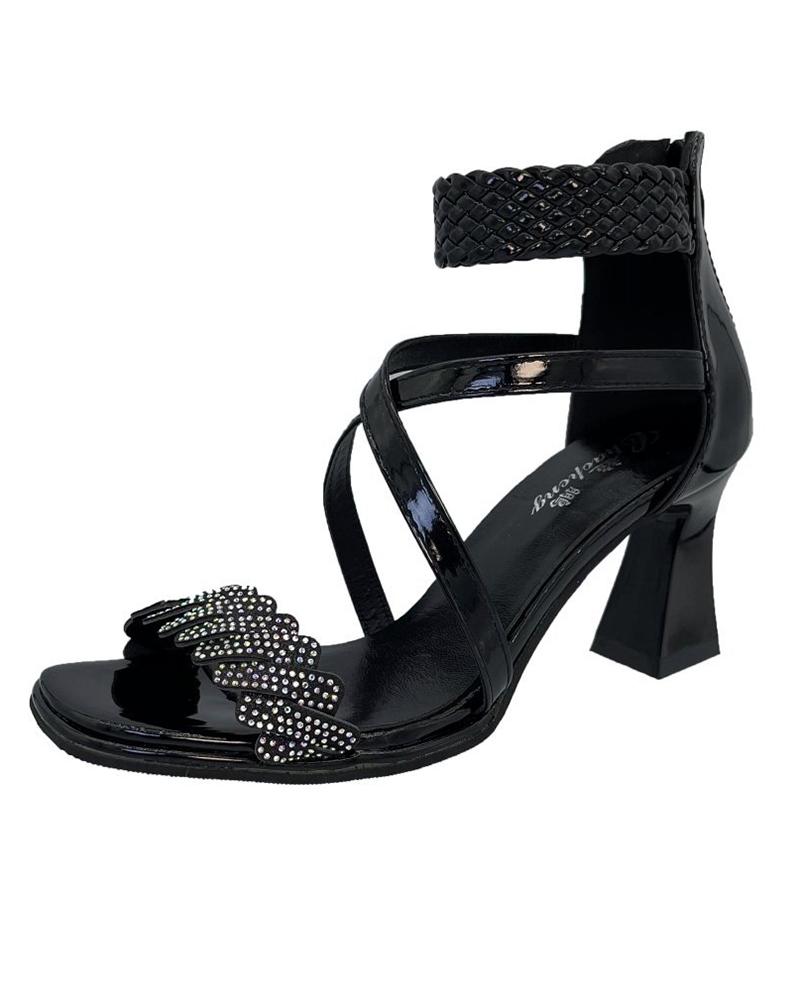 

Criss Cross Ankle Strap Rhinestone Pyramid Heels, Black