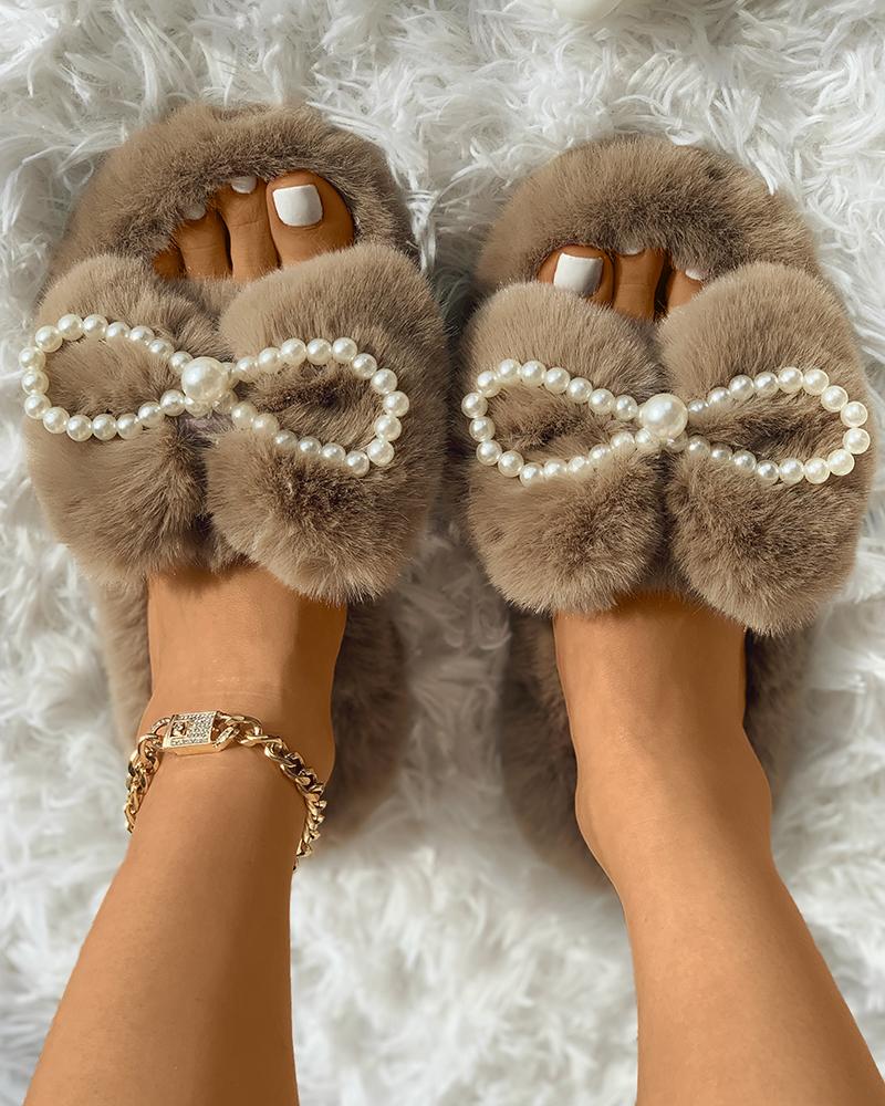 

Beaded Decor Bowknot Pattern Fluffy Slipper, Khaki