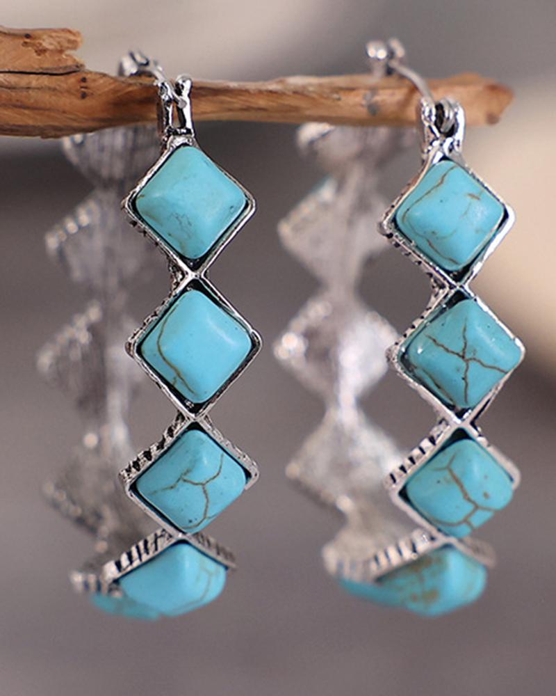 

1Pair Western Bohemian Vintage Turquoise Geometric Hoop Earrings, Silver