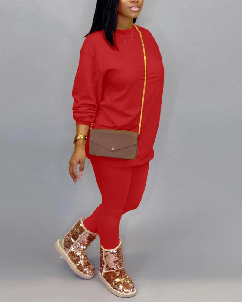 

Long Sleeve Casual Top & Pants Set, Red