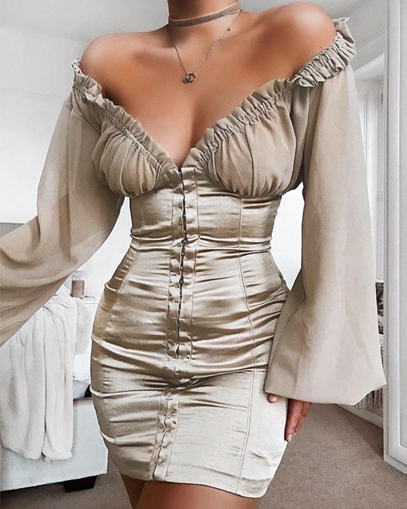 

Contrast Mesh Frill Trim Bodycon Dress, Brown