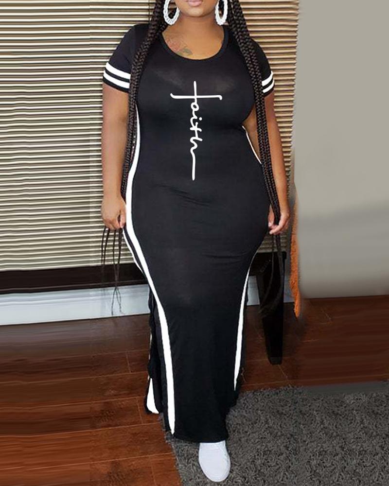 

Plus Size Striped Letter Print Slit Casual Dress, Black