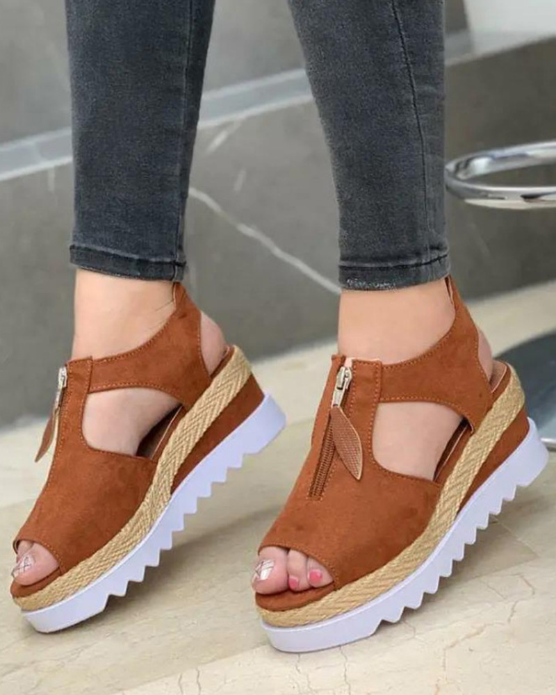 

Zipper Design Hollow Out Wedge Sandals, Brown