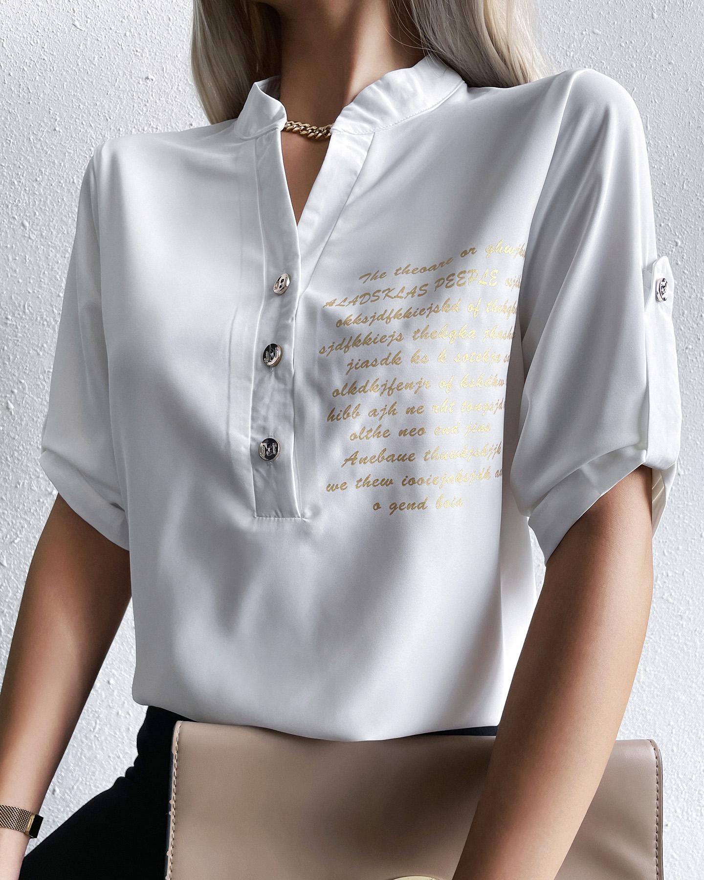 

Letter Print Short Sleeve Buttoned T-shirt, White