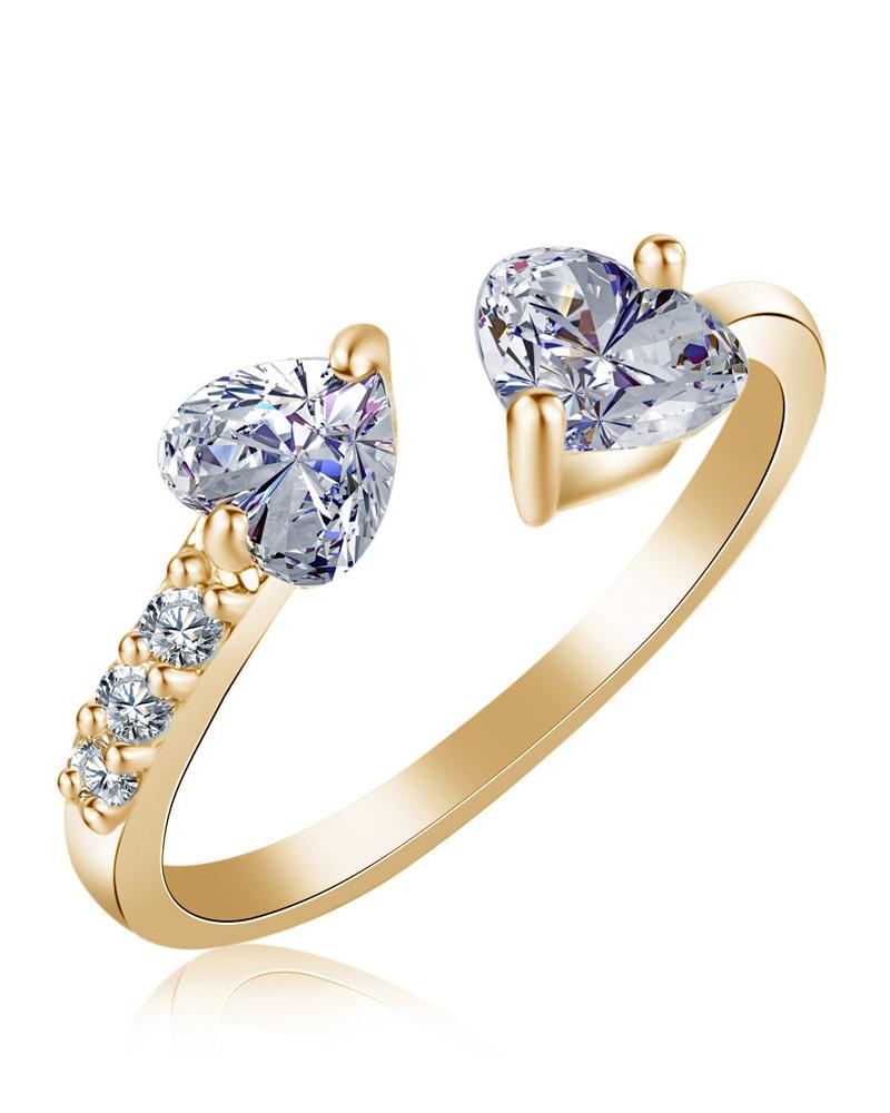 

1pc Double Heart Faux Zircon Opening Ring, Gold