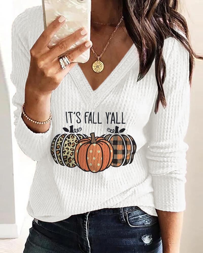 

Halloween Pumpkin Print Contrast Lace Long Sleeve Top, White