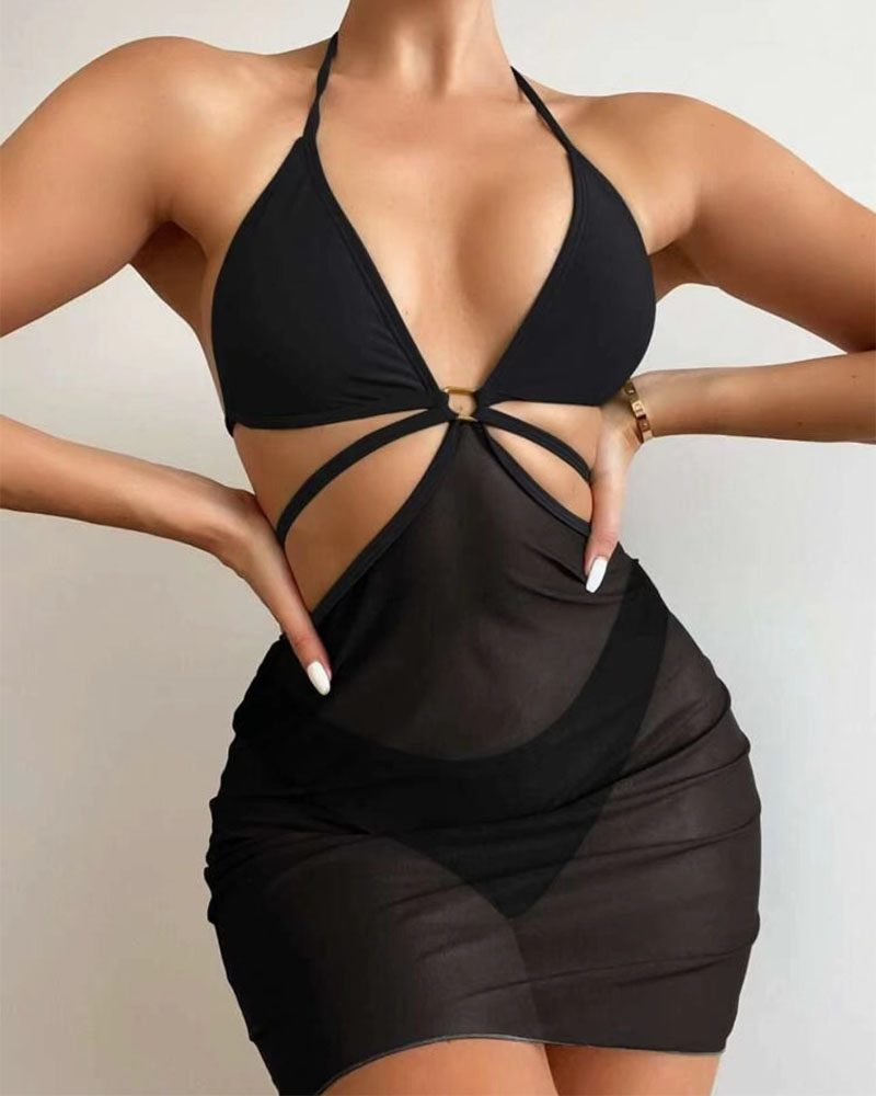 

3PCS Halter O-Ring Bikini Set With Sheer Mesh Cover Up, Black