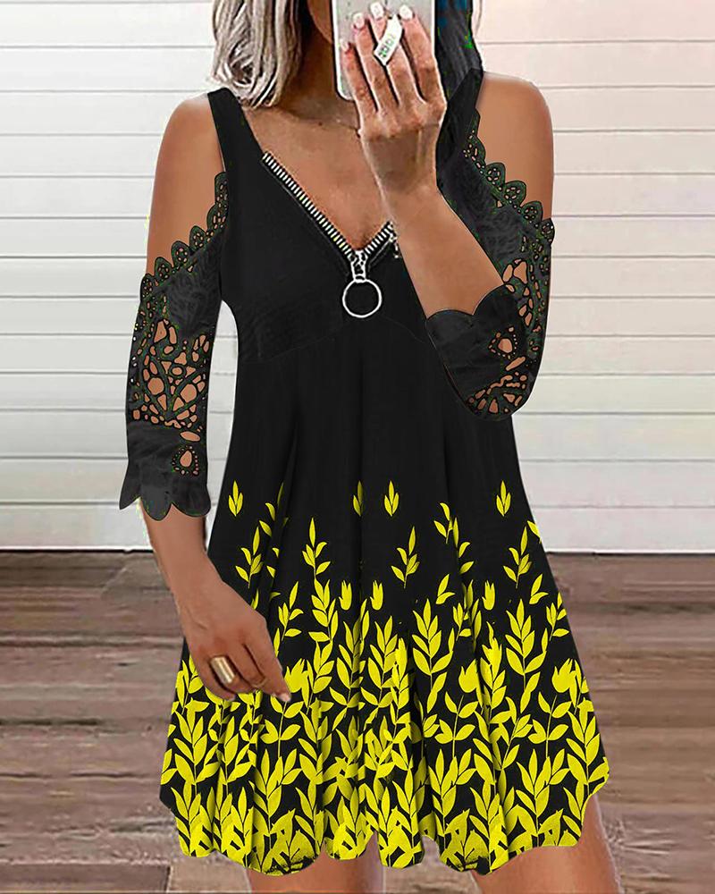 

Lace Patch Cold Shoulder Plant Print Dress, Yellow