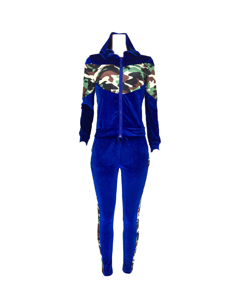 

Camo Patchwork Velvet Zip Up Hooded Top & Pants Set, Blue