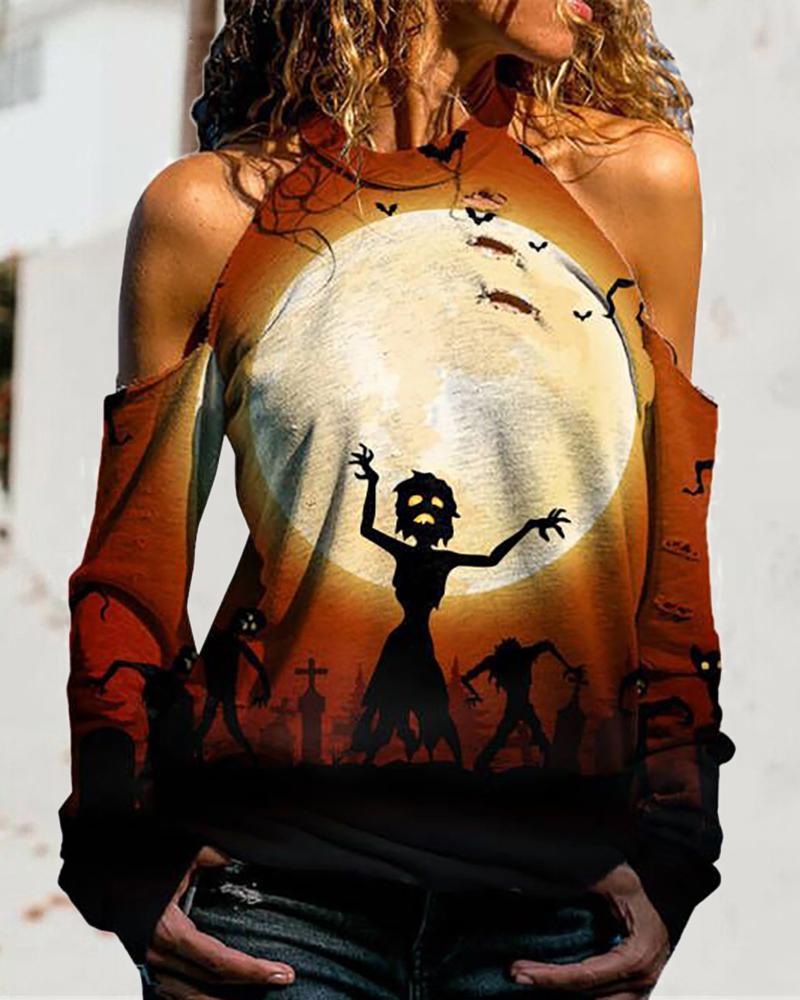 

Halloween Graphic Print Cold Shoulder Top, Brown