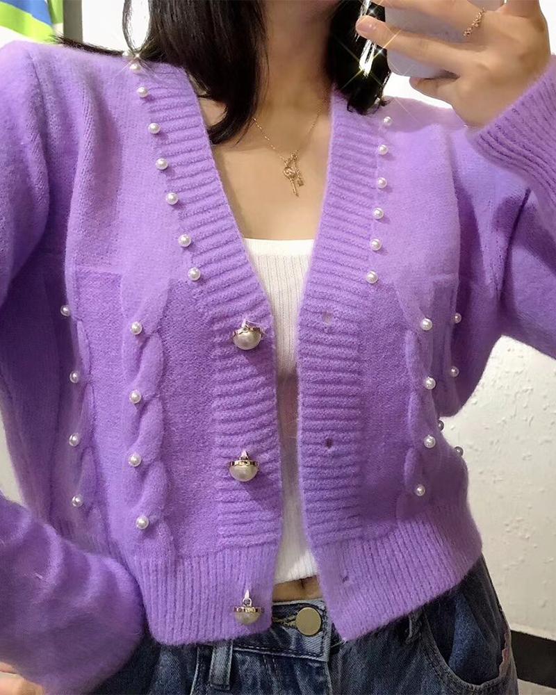 

Beaded Button Front Cable Knit Cardigan, Purple