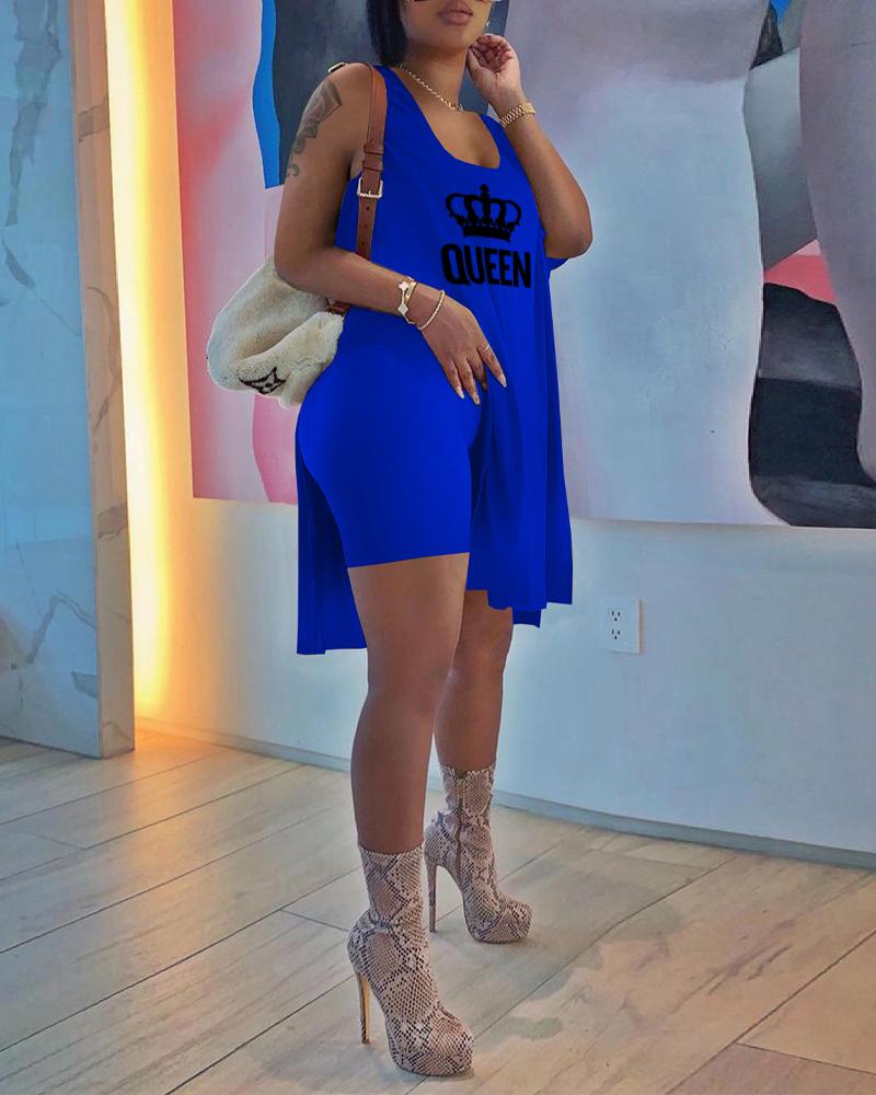 

Letter Crown Print Split Hem Tank Top & Shorts Set, Blue