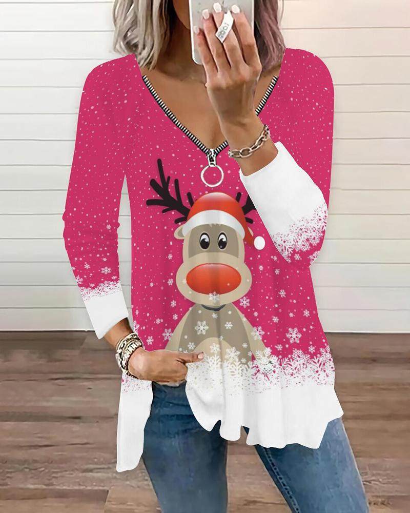 

Christmas Elk Graphic Print Zipper Design Top, Hot pink