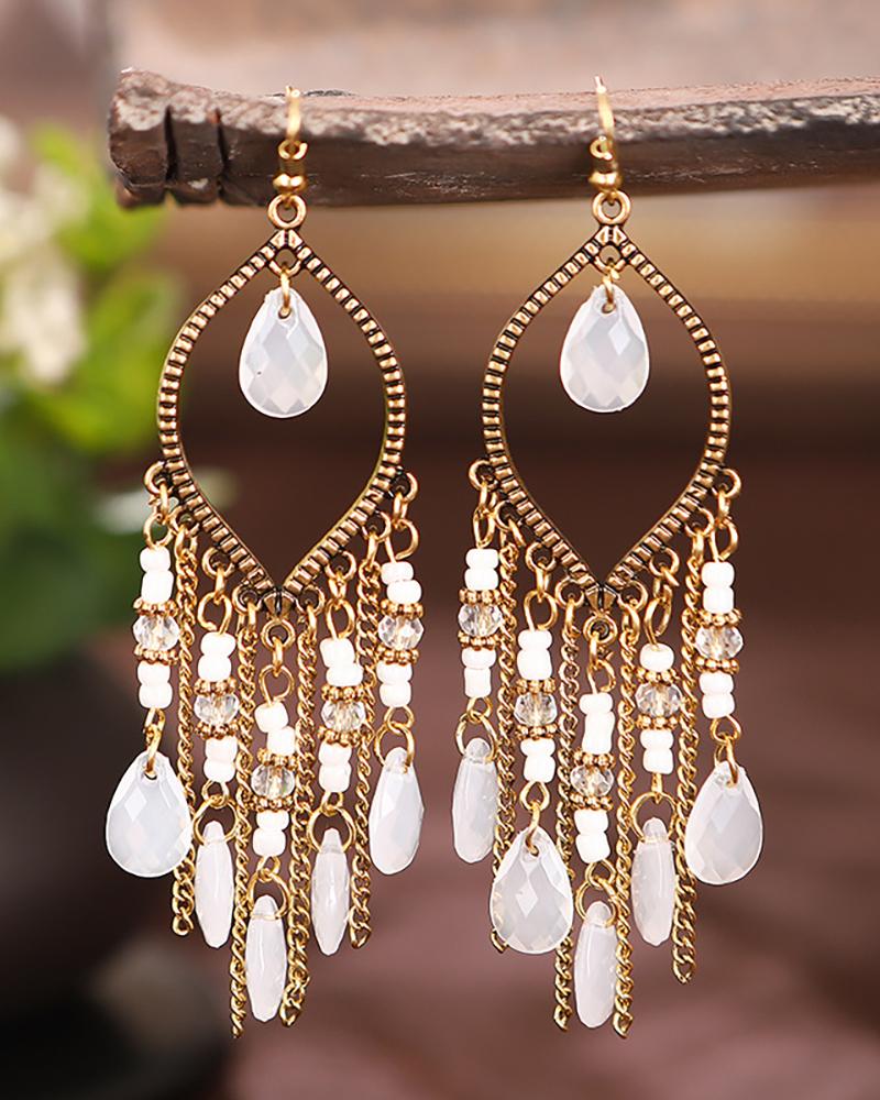 

1Pair Retro Gem Stone Beaded Bohemian Tear Drop Earring, White