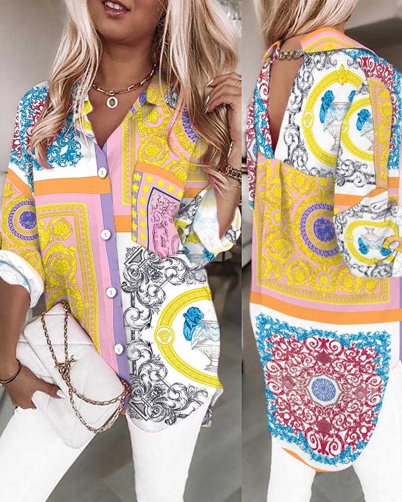 

Paisley Print Chain Link V-Back Buttoned Casual Shirt, Multicolor
