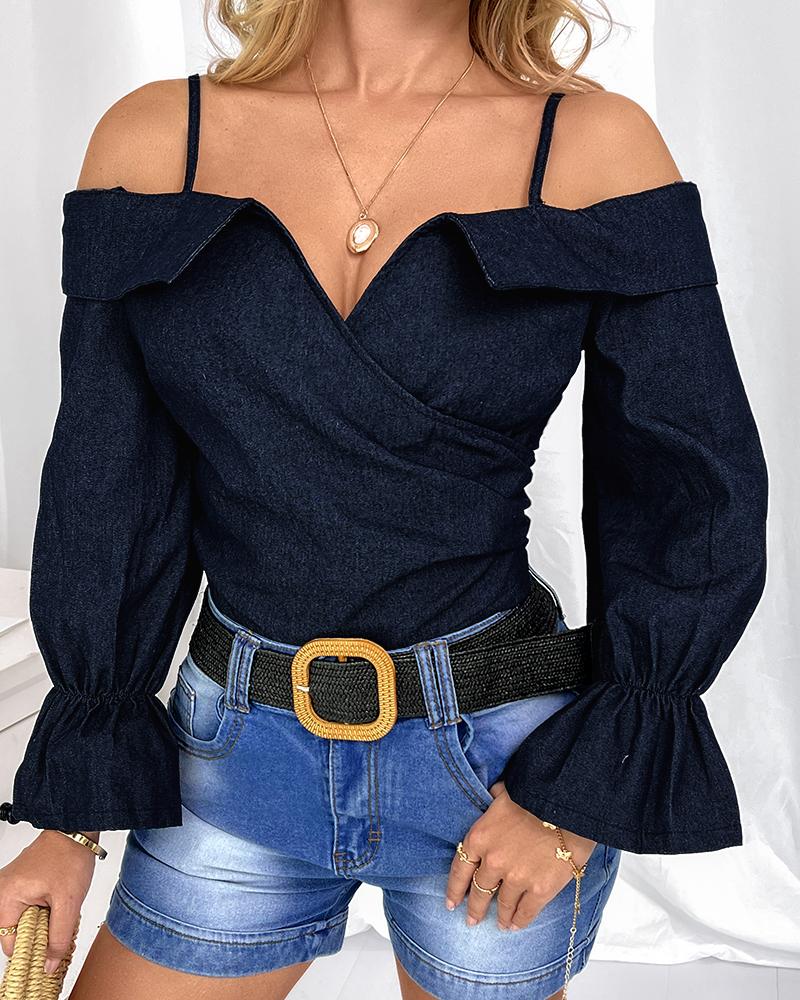 

Cold Shoulder Notch Neck Flared Sleeve Top, Blue