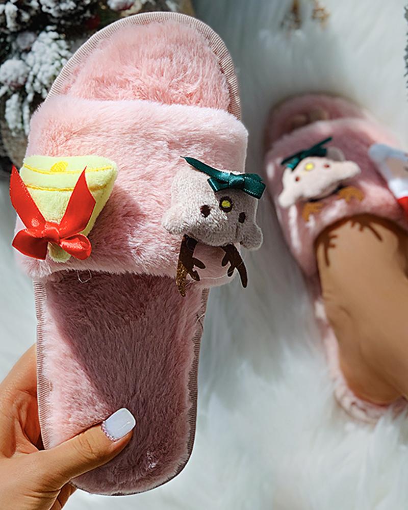 

Christmas Cartoon Pattern Fluffy Slippers, Pink