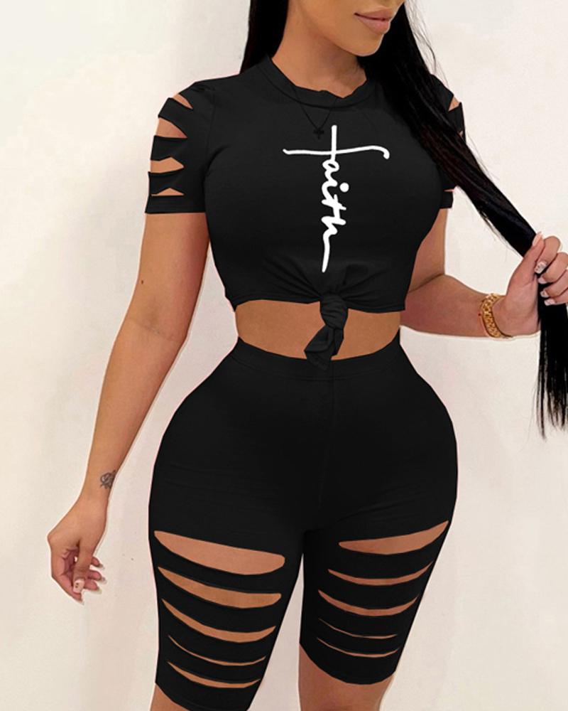 

Ladder Cutout Letter Print Top & Shorts Set, Black