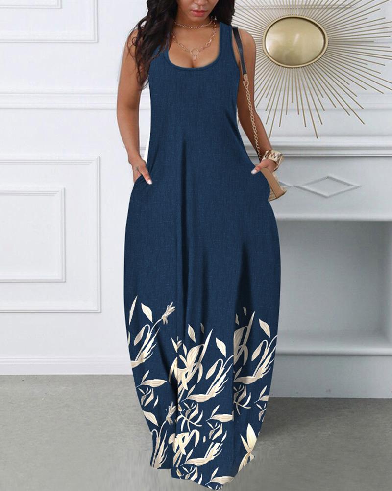 

Plants Print Pocket Detail Casual Dress, Purplish blue