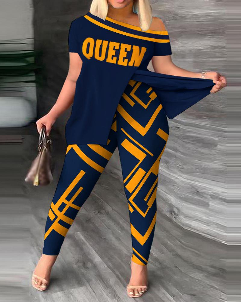 Plus Size Queen Geometric Print Split Hem Top & Pants Set