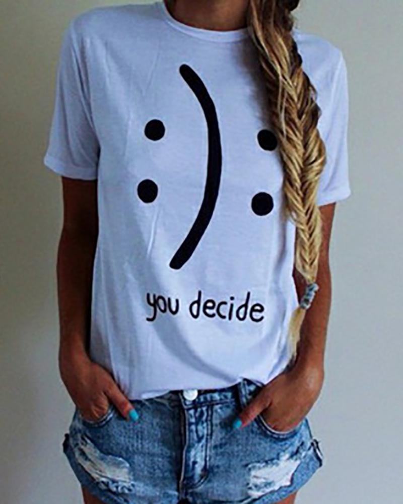 

Letter Smile Face Print Round Neck Short Sleeve T-Shirt, White