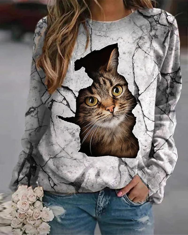 

Cute 3D Cat Print Long Sleeve Casual Top, Gray
