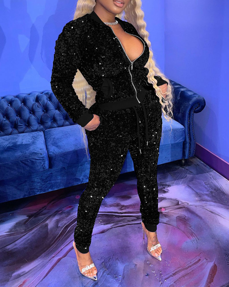 

Sequin Long Sleeve Zip Up Coat & Pants Set, Black