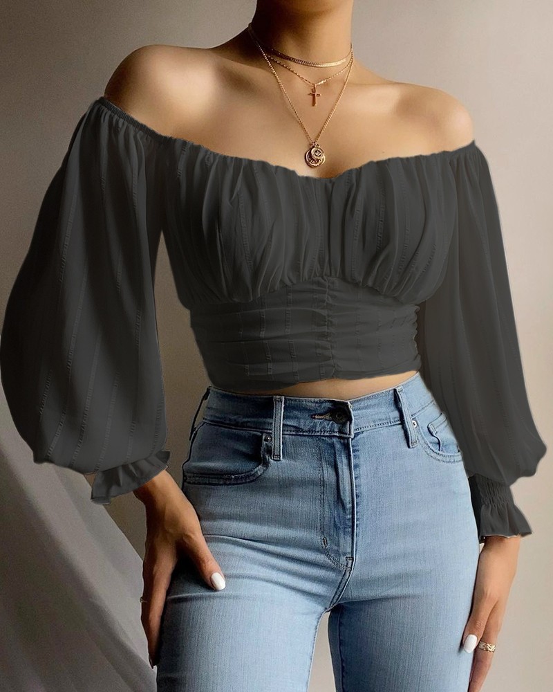 Off Shoulder Ruched Lantern Sleeve Crop Top Online. Discover hottest