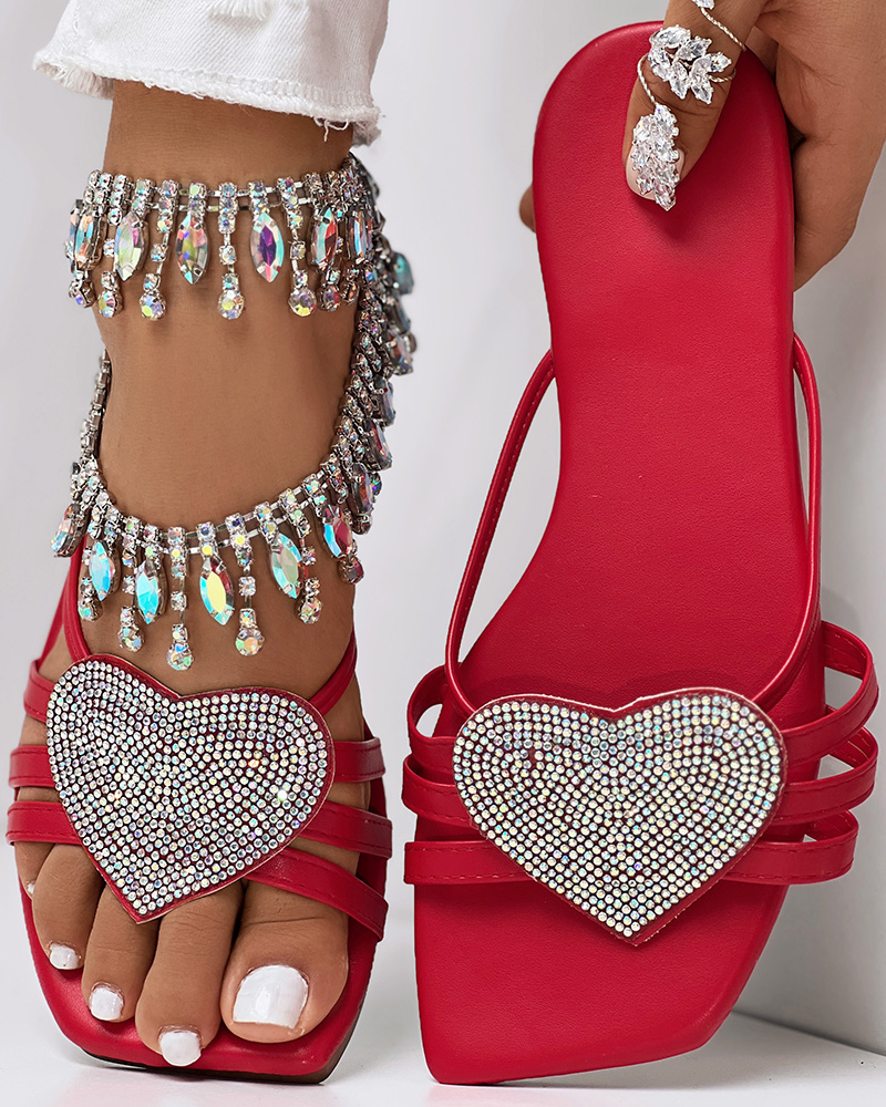 

Heart Pattern Rhinestone Decor Slippers, Red