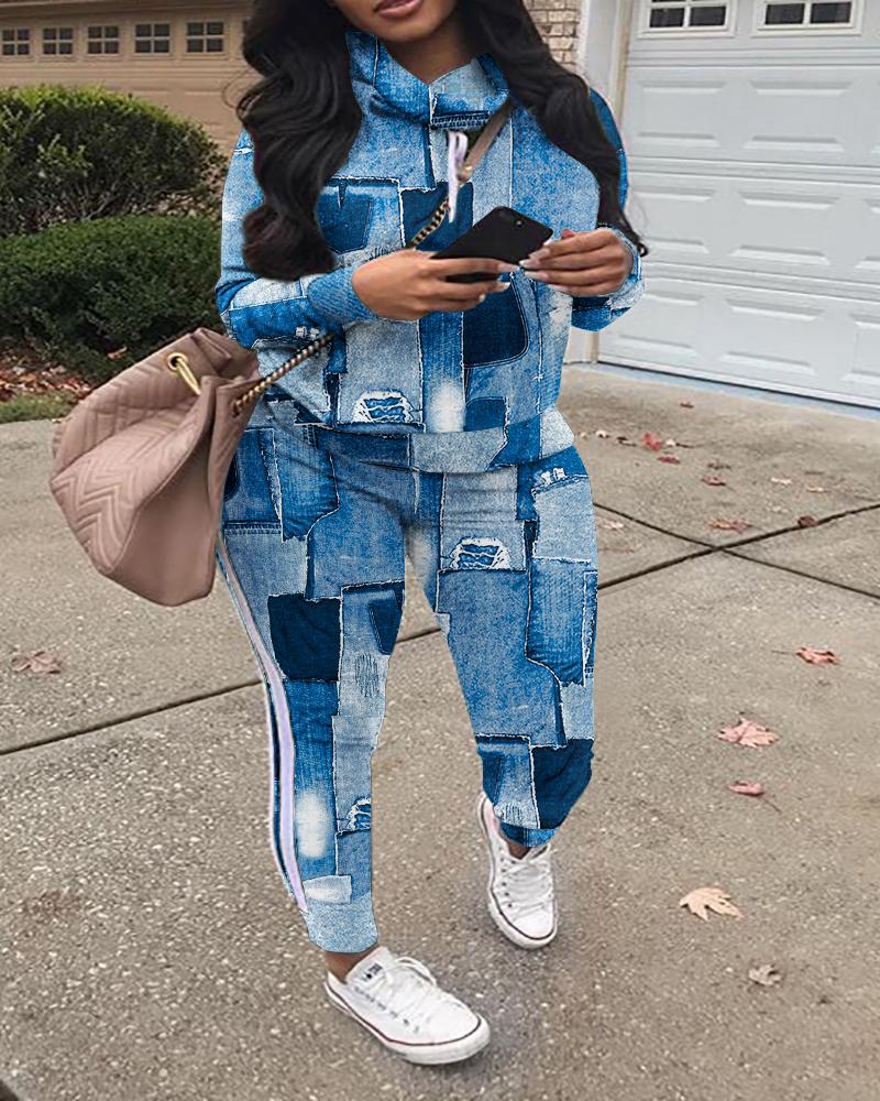 

Plus Size Denim Look Print Long Sleeve Hoodie & Pants Set, Blue