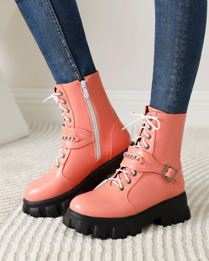 

Womens Strap Decoration Round Toe Shiny Finish Lace-up Martin Boots, Pink