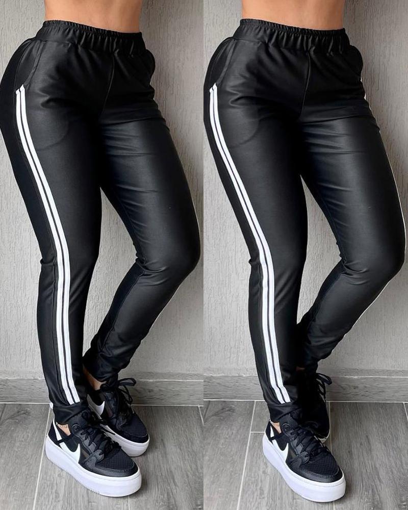 

Contrast Paneled PU Leather Pants, Black