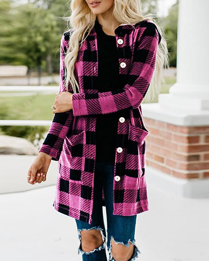 

Plaid Print Buttoned Long Sleeve Hooded Coat, Pink